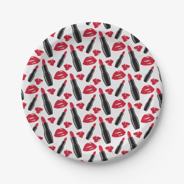 Lipstick And Lips Polka Dot Pattern Paper Plate (Front)