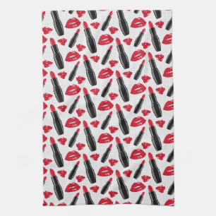 Lipstick And Lips Polka Dot Pattern Tea Towel