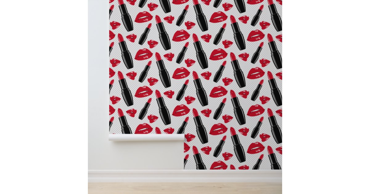 Lipstick And Lips Polka Dot Pattern Wallpaper Zazzle