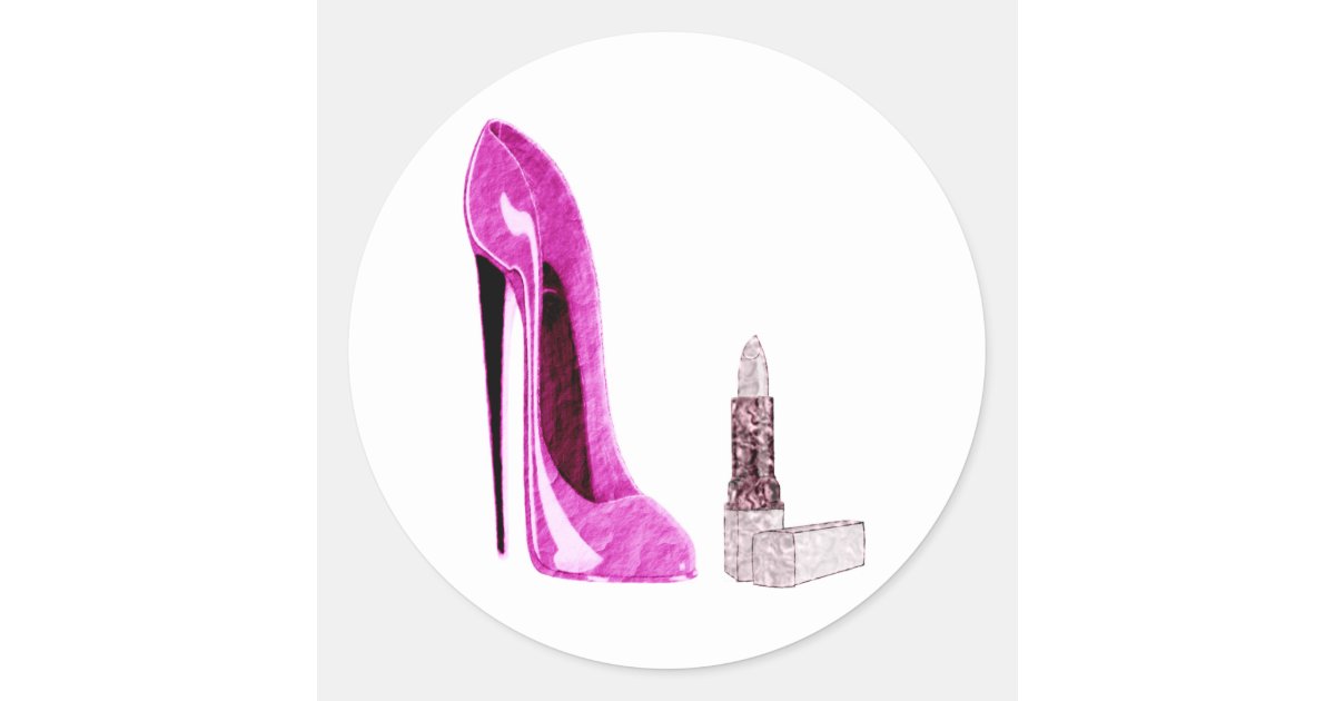Lipstick and Pink Stiletto Shoe Art Classic Round Sticker | Zazzle.co.uk