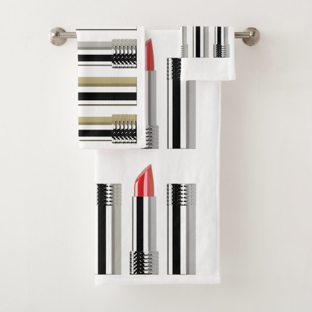 Lipstick beauty white chrome red pink striped  bath towel set (Insitu)