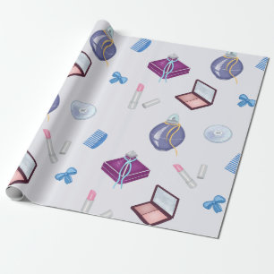 Lipstick, comb and powder box, blush, perfume wrapping paper