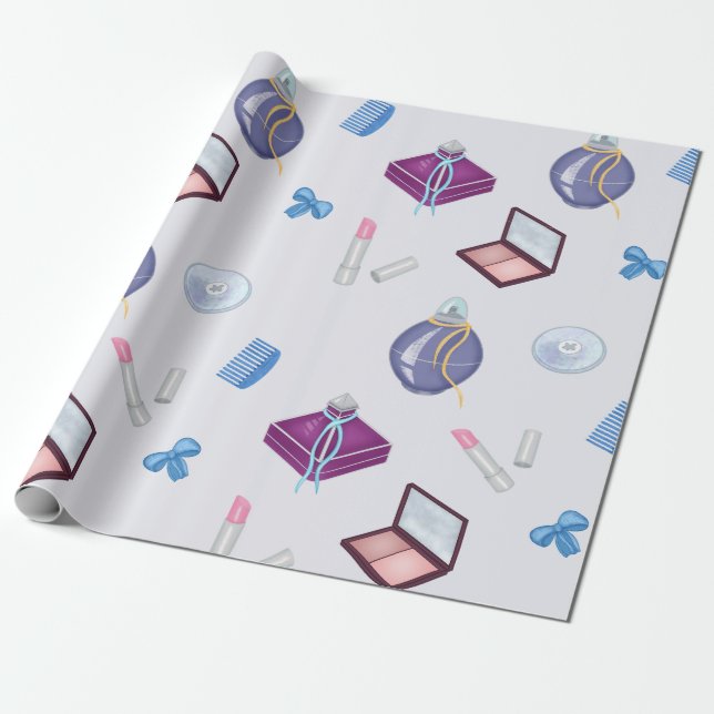 Lipstick, comb and powder box, blush, perfume  wrapping paper (Unrolled)