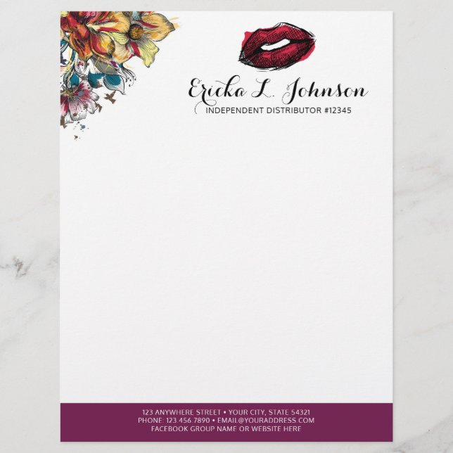 Lipstick Distributor Modern Floral Kiss Marketing Customized Letterhead (Front)