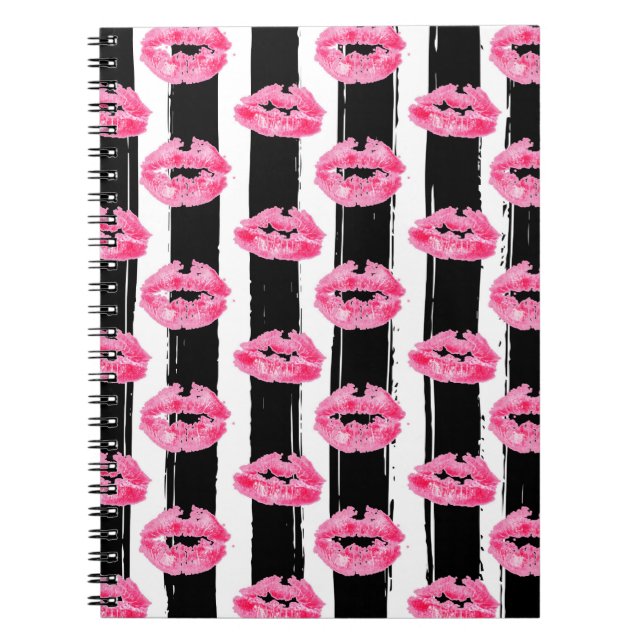 Lipstick Distributor Pink Lips Kiss Black Striped Notebook (Front)