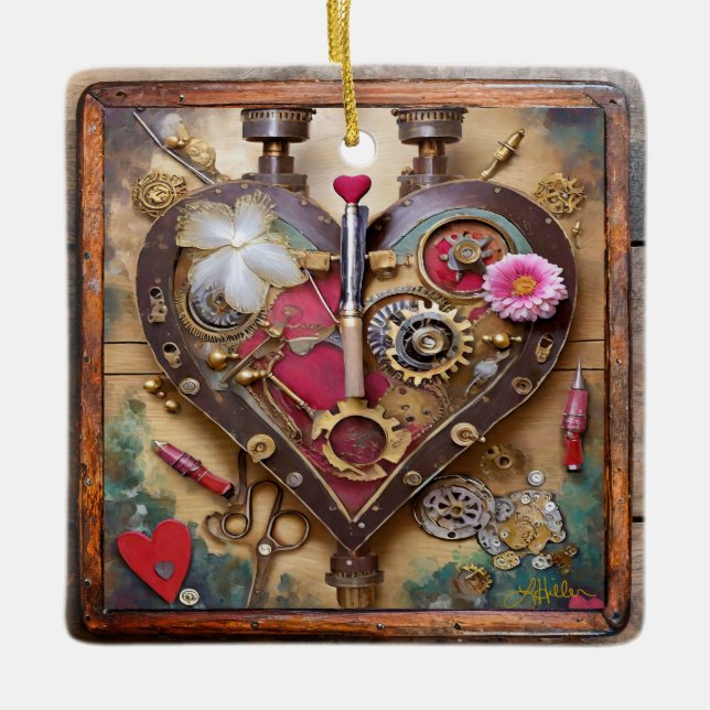 Lipstick Flowers Heart Steampunk Series Ceramic Ornament (Front)