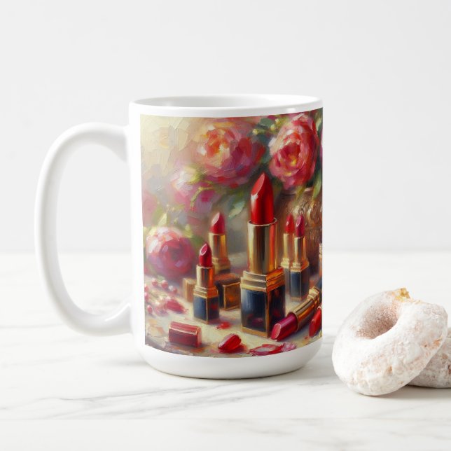 Lipstick & Flowers Impressionistic Painting Coffee Mug (With Donut)
