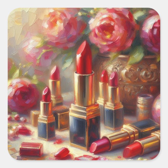 Lipstick & Flowers Impressionistic Painting Square Sticker (Front)
