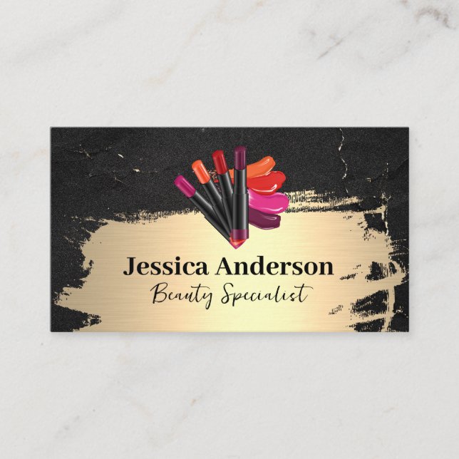 Lipstick | Gold Brushed | Black Marble Business Card (Front)