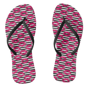Lipstick Kiss B&W Striped Pattern Flip Flops