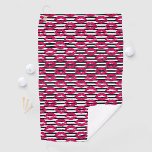 Lipstick Kiss B&W Striped Pattern Golf Towel