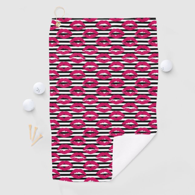 Lipstick Kiss B&W Striped Pattern Golf Towel (InSitu)