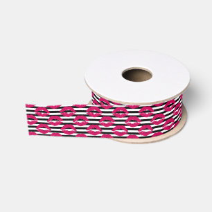 Lipstick Kiss B&W Striped Pattern Grosgrain Ribbon