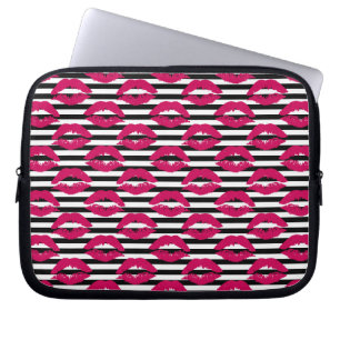 Lipstick Kiss B&W Striped Pattern Laptop Sleeve