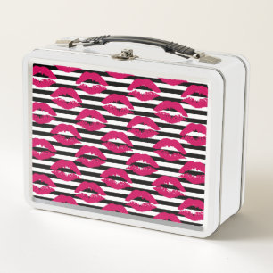 Lipstick Kiss B&W Striped Pattern Metal Lunch Box
