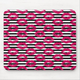 Lipstick Kiss B&W Striped Pattern Mouse Mat