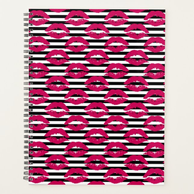 Lipstick Kiss B&W Striped Pattern Planner (Front)
