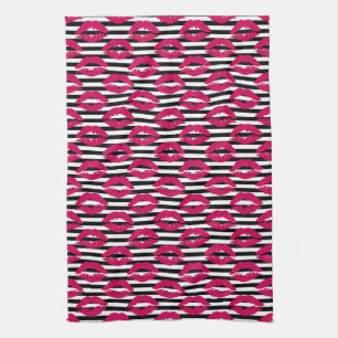 Lipstick Kiss B&W Striped Pattern Tea Towel