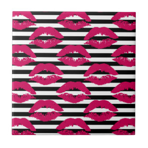Lipstick Kiss B&W Striped Pattern Tile