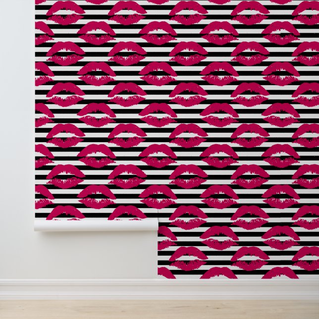 Lipstick Kiss B&W Striped Pattern Wallpaper (Application)
