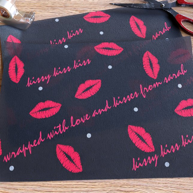 Lipstick Kiss Pattern Valentines Day Tissue Paper (Black and red lipstick kisses tissue paper with text you can customize)