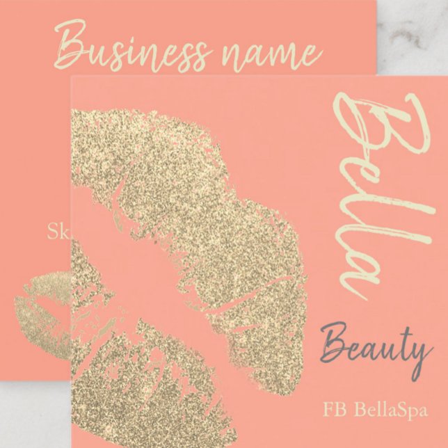 Lipstick kiss print pink peach gold beauty spa square business card (Creator Uploaded)