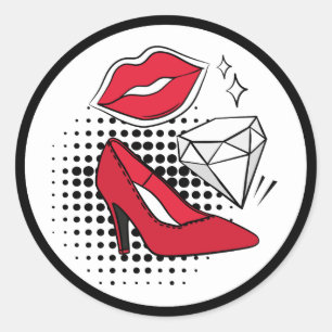 Lipstick Kiss Red High Heels Diamond Modern Glam Classic Round Sticker