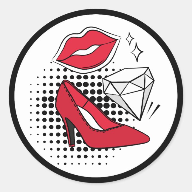 Lipstick Kiss Red High Heels Diamond Modern Glam Classic Round Sticker (Front)