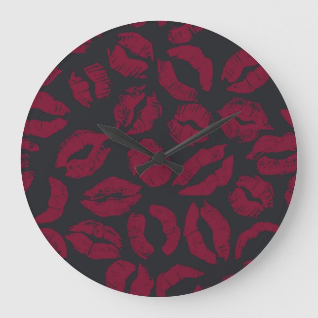 Lipstick Kisses: Dark Red Imprints Large Clock (Front)