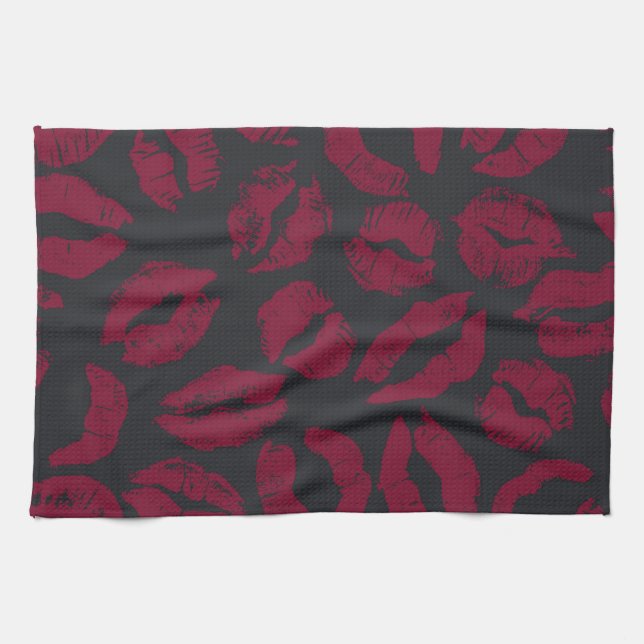 Lipstick Kisses: Dark Red Imprints Tea Towel (Horizontal)