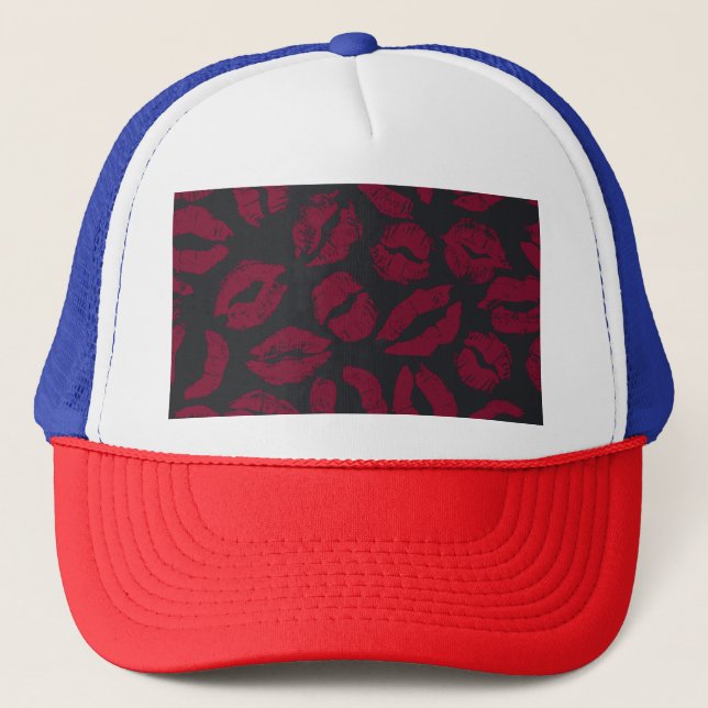 Lipstick Kisses: Dark Red Imprints Trucker Hat (Front)