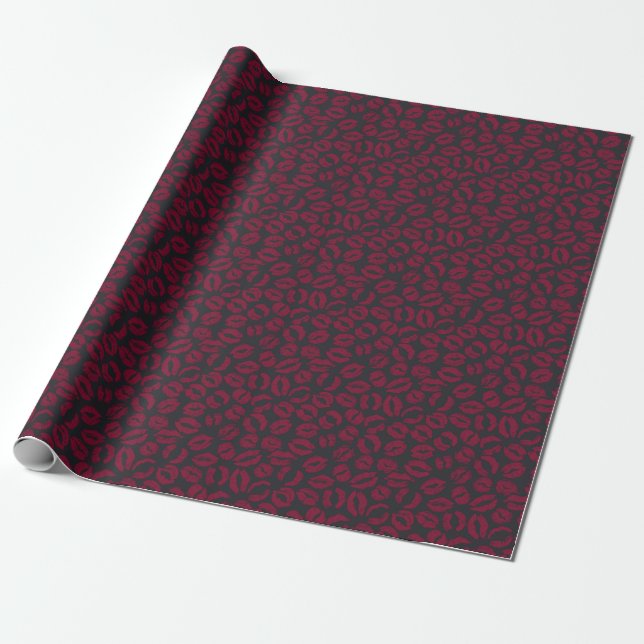 Lipstick Kisses: Dark Red Imprints Wrapping Paper (Unrolled)