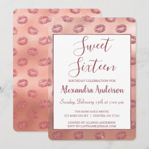 Lipstick Kisses Rose Gold Sweet Sixteen Birthday Invitation