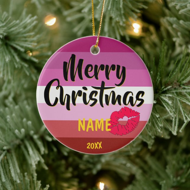 Lipstick Lesbian Flag Personalised Christmas Ceramic Tree Decoration (Tree)