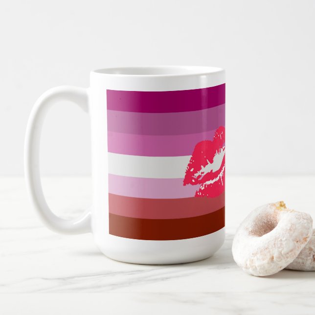 Lipstick Lesbian Pride Flag and Lips Coffee Mug (With Donut)