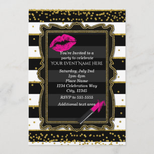 Lipstick Lips Gold Confetti & Stripes Glamour Invitation