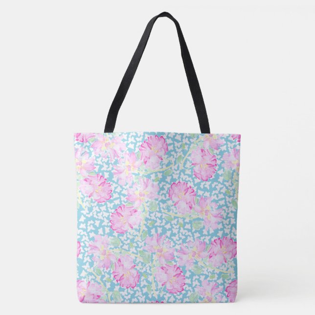 Lipstick Pink Roses, White Butterflies on Sky Blue Tote Bag (Front)