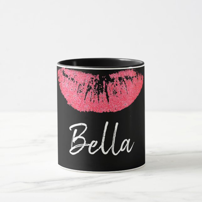 Lipstick print pink lip stain black and white  mug (Center)