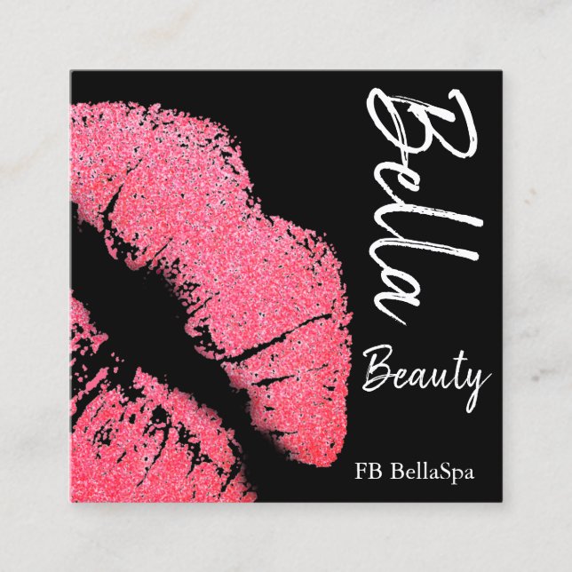 Lipstick print pink lip stain black beauty spa square business card (Front)