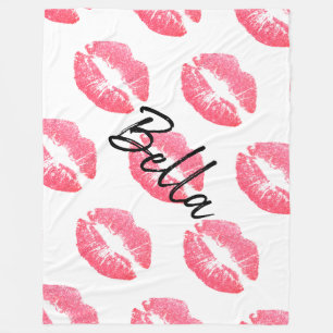 Lipstick print pink lip stain black white cute fleece blanket