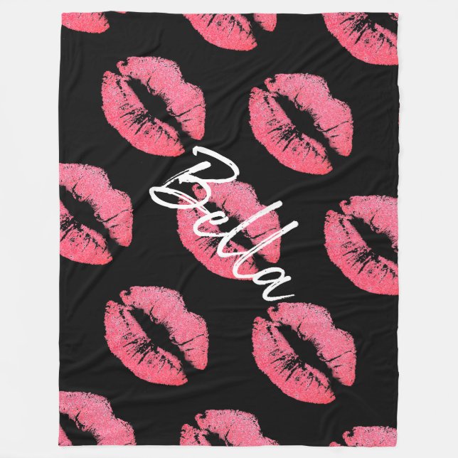 Lipstick print pink lip stain black white cute  fleece blanket (Front)