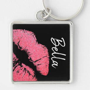 Lipstick print pink lip stain black white cute  key ring