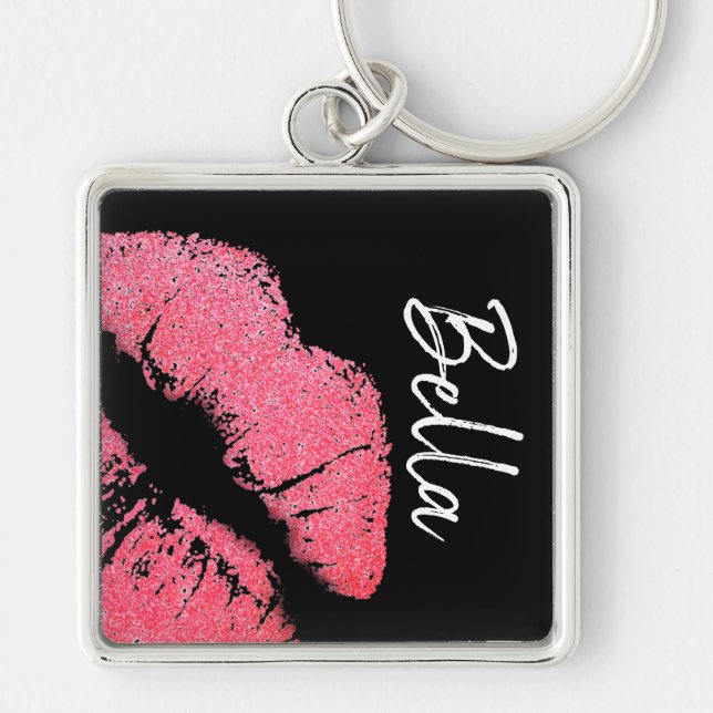 Lipstick print pink lip stain black white cute  key ring (Front)