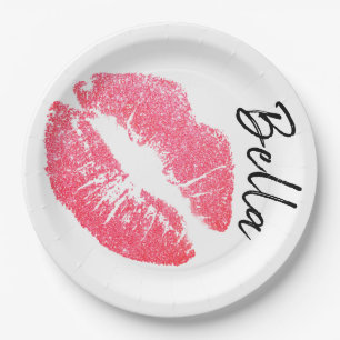 Lipstick print pink lip stain black white cute  paper plate