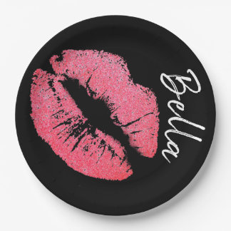 Lipstick print pink lip stain black white cute paper plate