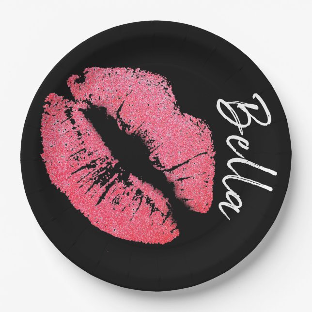 Lipstick print pink lip stain black white cute  paper plate (Front)
