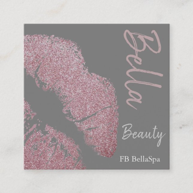 Lipstick print pink lip stain grey beauty spa square business card (Front)