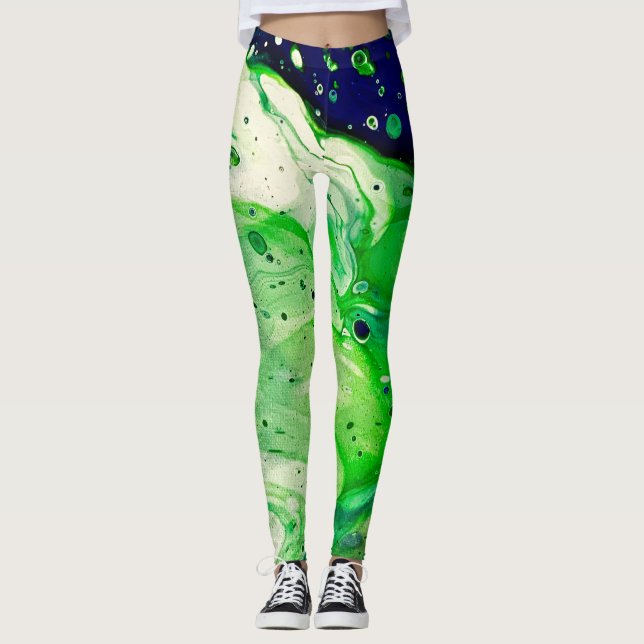 Liquid Art Marbled Green Blue Trendy Leggings (Front)