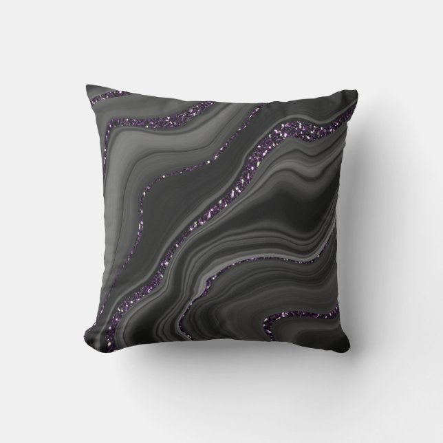 Liquid Black Grey White Agate Glitter Dream #1 Cushion (Front)