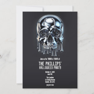 Liquid Chrome Silver Drip Skull Halloween Party Invitation